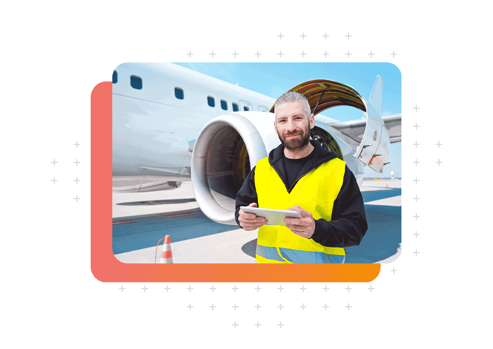 Aviation person in front of an airplane with reflective vest